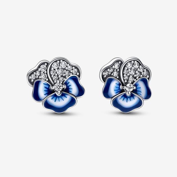 Foto de Pendientes Pandora de botón Flor Pensamiento Azul
